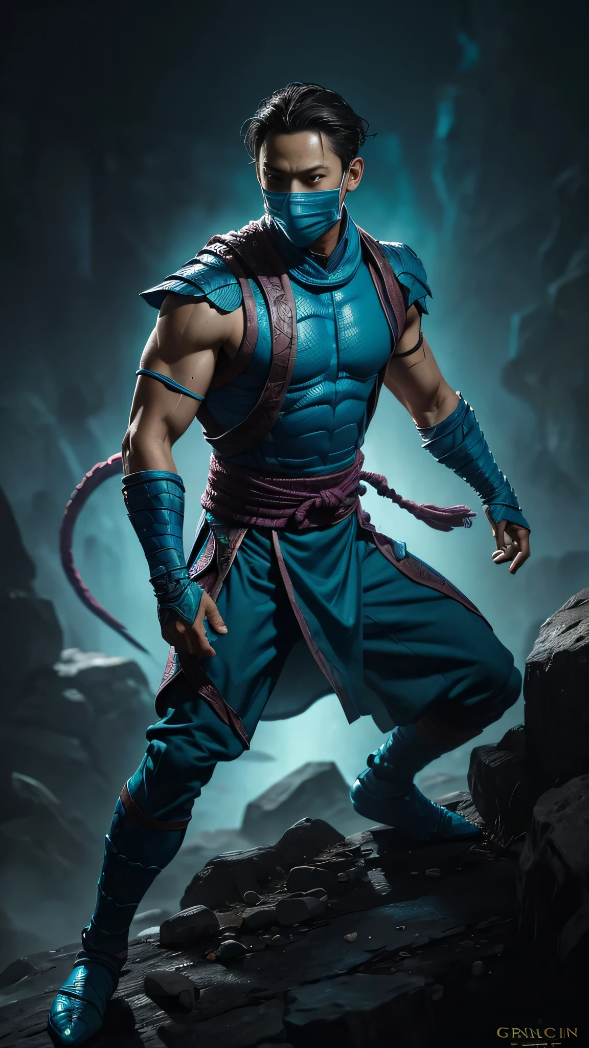 ((Daniel Wu)) as Chameleon from Mortal Kombat, (1boy), fighting standing, turquoise ninja outfit, (with reptilian motifs), (ninja mask covering his lower face), intricate, high detail, sharp focus, dramatic, photorealistic painting art by greg rutkowski