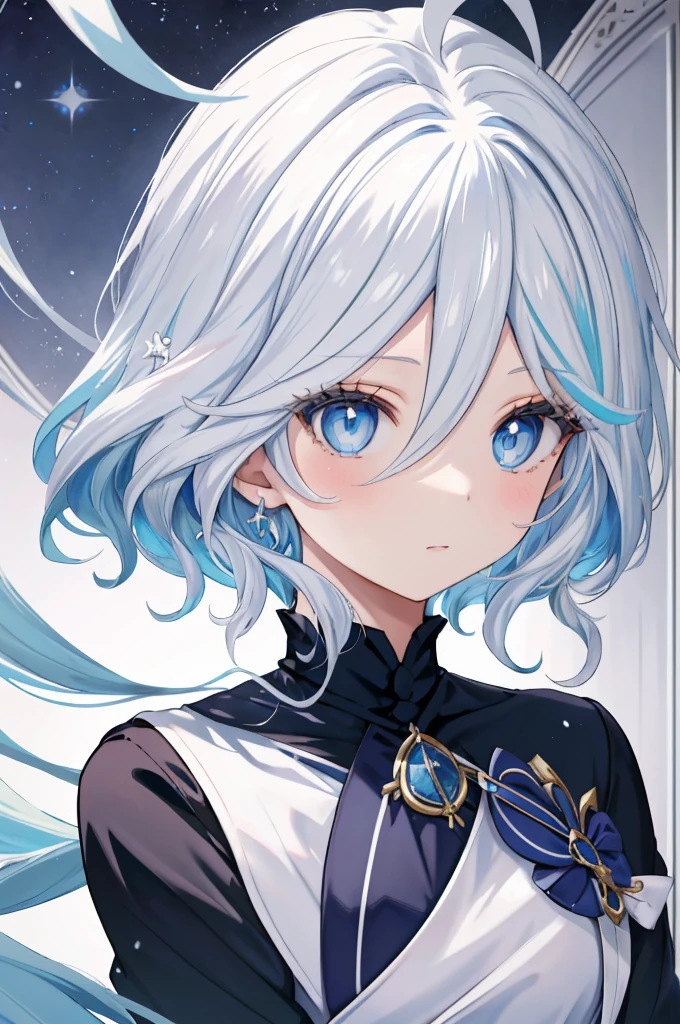 Furina  anime com cabelo branco e olhos azuis em um vestido branco, divindade de cabelos brancos, portrait girl, sweatshirt, Anime Girl with Cosmic Hair, com cabelo branco, cabelos brancos, Arte digital no Pixiv, Um retrato anime de Cirno, trending on artstation pixiv, perfeita de cabelos brancos, cabelos brancos, Um retrato de uma de olhos azuis