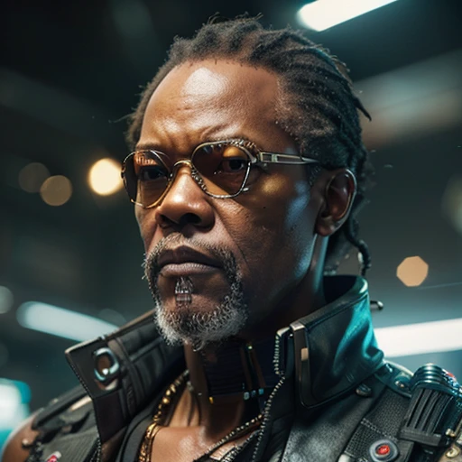 ((masterpiece, highest quality, hires, amazing detail, 8k, best quality)), cinematic, portait, closeup shot of middle aged man / Samuel l jackson/, wearing highly damaged battlesuit, perfect facial hair, scars, cybernetic implants, mirrorshades, in the artstyle of shirow masamune, ghost in the shell, gantz, gritty, cyberpunk background, dynamic colours