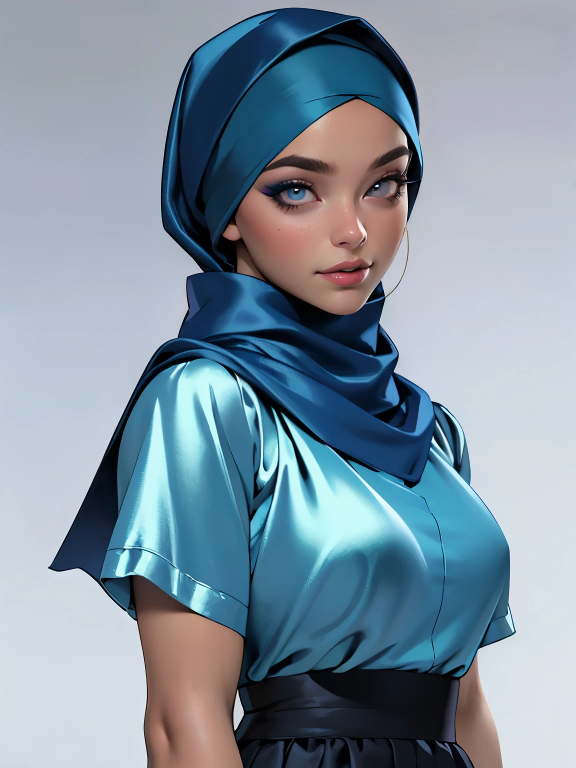 3dmm style, (Masterpiece), realistic, best quality, best lighting, extremely detailed artgerm, style artgerm, beautiful mature woman, 1 girl photo solo, beautifully makeup, eyeshadow, Parted Lips, Detailed Eyes, ((beautiful big eyes)), long eye lashes, dimples on the cheeks, smile, wearing silk turban hijab, ((Dark blue satin hijab)), loosely tide hijab style, shining silk, satin, blue satin, ((Blue satin shirt and satin long skirt)), (Close-up portrait), Front view, Standing Symmetric Centre, facing the viewer, gray background.