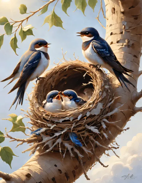 Gouache style, Beautiful detailed ，（Mother swallow is feeding the little swallow in the nest），（Two little swallows open their mo...