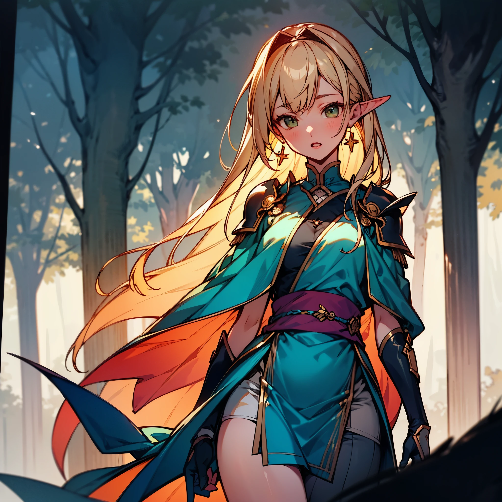 (extremely detailed fine touch:1.2), (natural light, sun light, light rays, dappled light, ray tracing:1.2), mature female , masterpiece, best quality, highly quality , ANI_CLASSIC_deedlit_ownwaifu, www.ownwaifu.com, pointy ears, blonde hair, long hair, elf, circlet, green eyes, long pointy ears, very long hair, breasts, medium breasts, earrings, lips, makeup, bangs, cape, armor, blue cape, shoulder armor, pauldrons, gloves, breastplate, belt, green dress, short dress, looking at viewer, blush, open mouth, standing, (Masterpiece, extremely detailed CG, sharp line),deedlit, offcial art, Colorful, Beautiful Japanese anime style，Extremely detailed eyes and face，Sharp pupils，realistic pupil，In the woods、cabellos largos dorados，ears of elf，Black lace panties，Slender thighs, varies multi etc. --v 6 --s 1000 --c 20 --q 20 --chaos 100