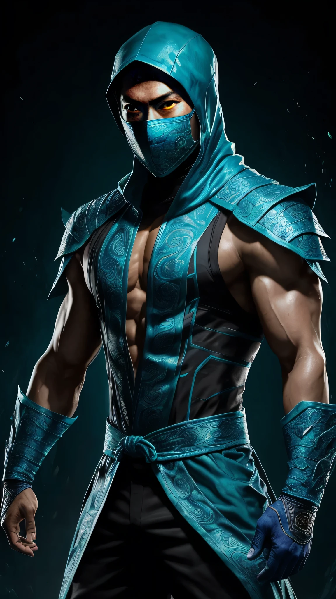 ((Daniel Wu)) as Chameleon from Mortal Kombat, (1boy), fighting standing, turquoise ninja outfit, (with reptilian motifs), (ninja mask covering his lower face), intricate, high detail, sharp focus, dramatic, photorealistic painting art by greg rutkowski