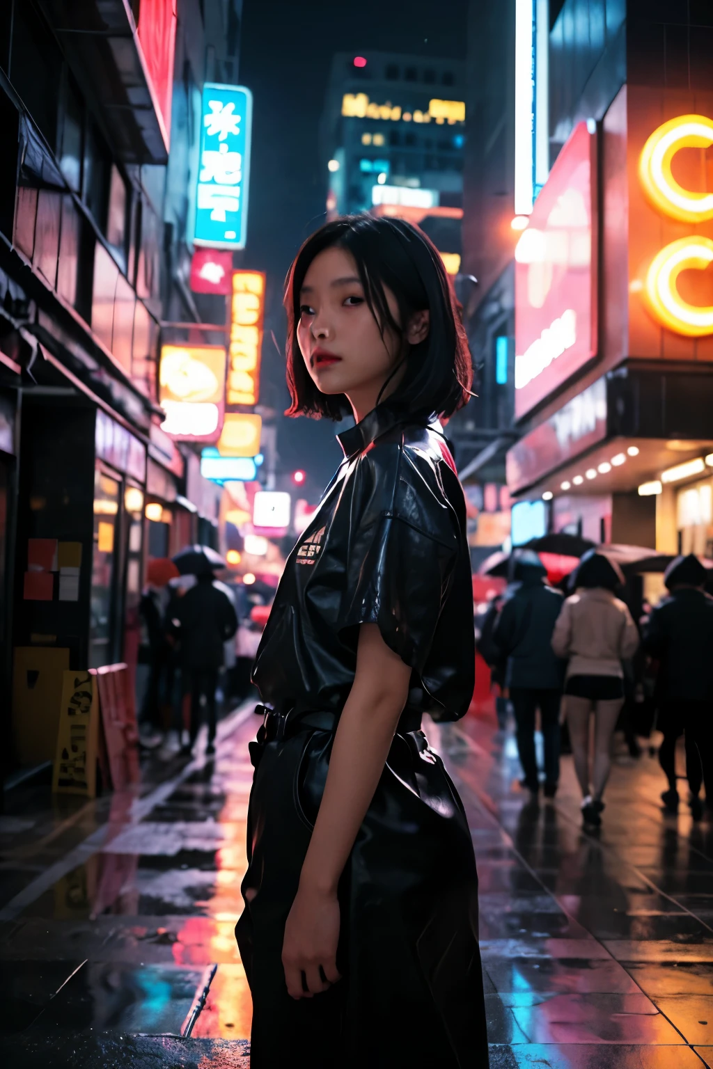 estilo analógico| Foto de una mujer parada sola bajo la lluvia recortada por luces de neón | ciberpunk | ciudad de noche | Canon EF50mmf/1.Lente 8 STM | 2077 | Realista | hyperRealista | trazado de rayos | Profundidad de los límites escritos | muchos colores | cinematográfico | Muy detallado | iluminación del borde