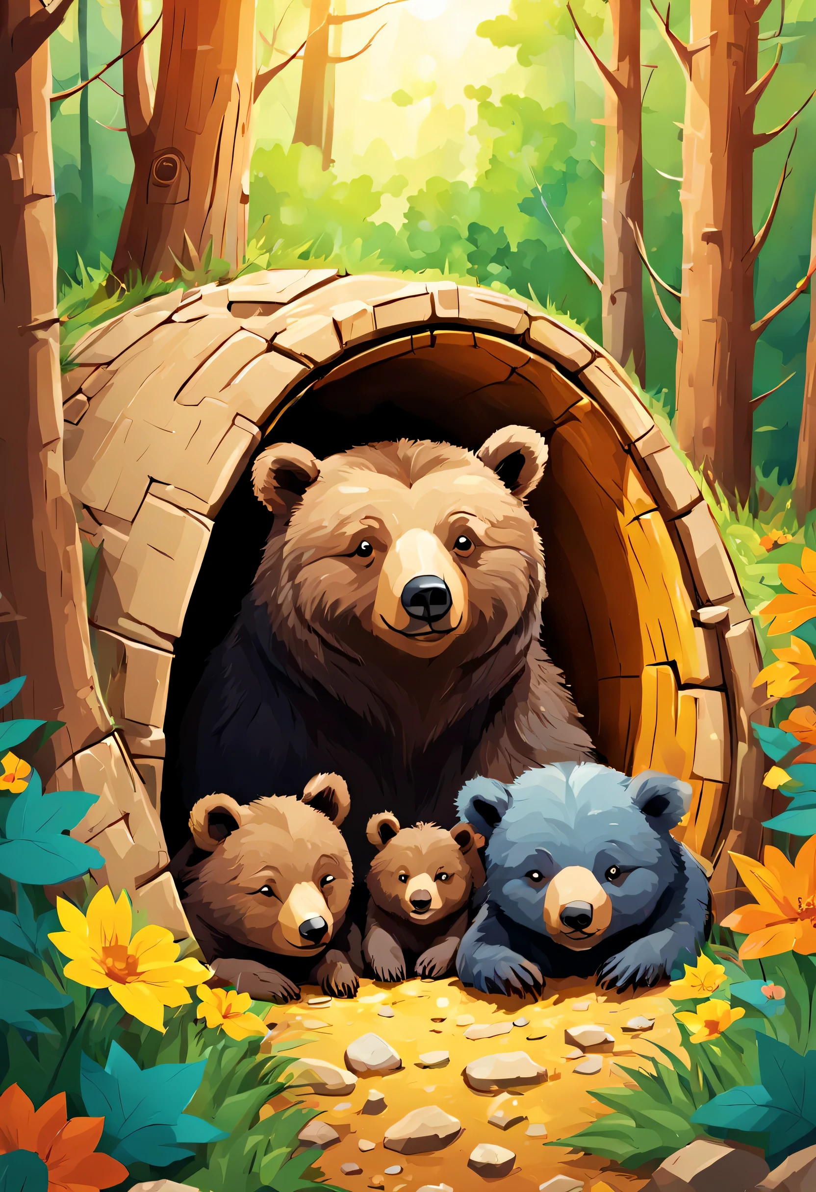 underground:endures:In the hole,bear family:animal:hibernating,sleep,comfortable and warm,looks happy,cute,nestle,An illustration,pop,鮮やかなcolor,draw with thick lines,color,hibernatingのbear familyが幸せな夢を見ています,The nest is warm and full of happiness,