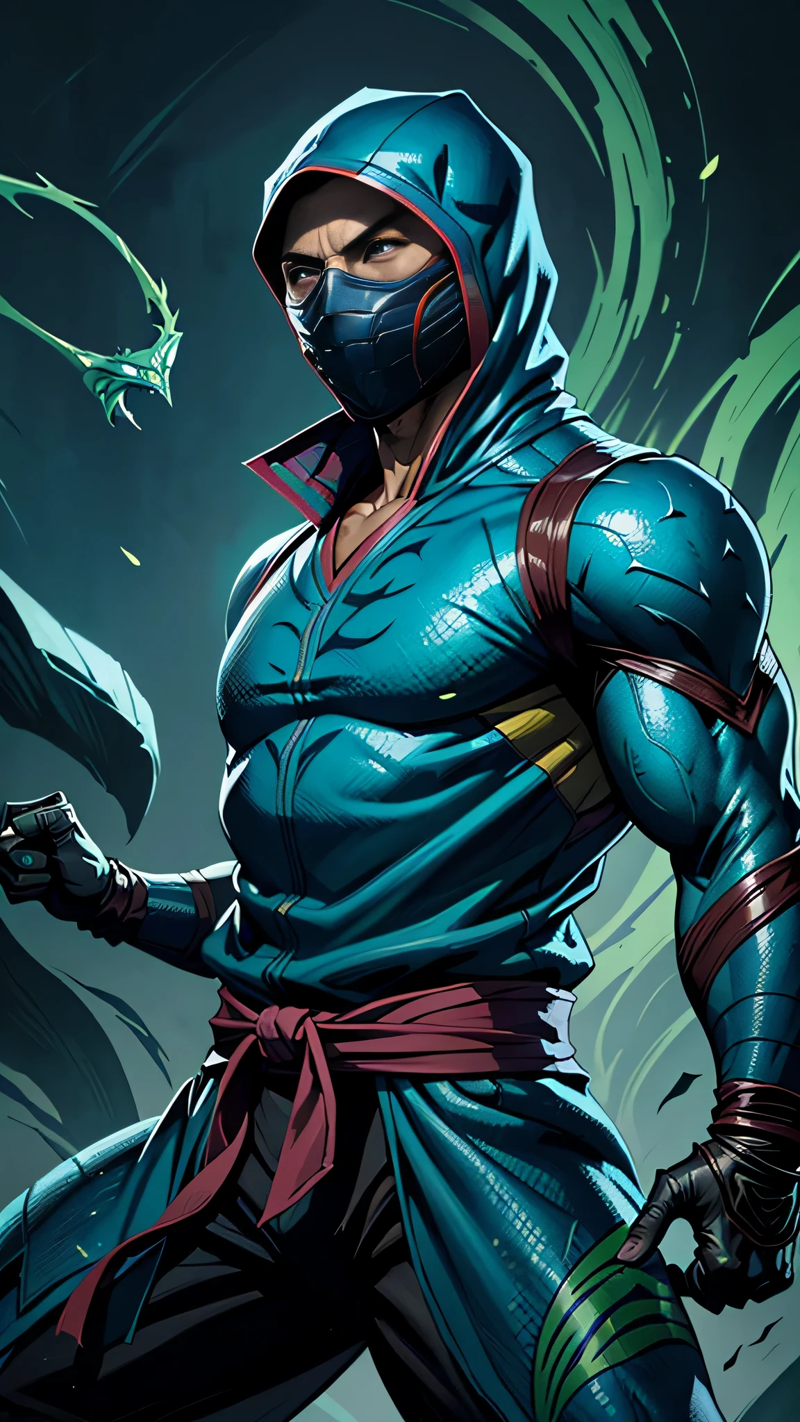 ((Daniel Wu)) as Chameleon from Mortal Kombat, (1boy), fighting standing, turquoise ninja outfit, (with reptilian motifs), (ninja mask covering his lower face), intricate, high detail, sharp focus, dramatic, photorealistic painting art by greg rutkowski