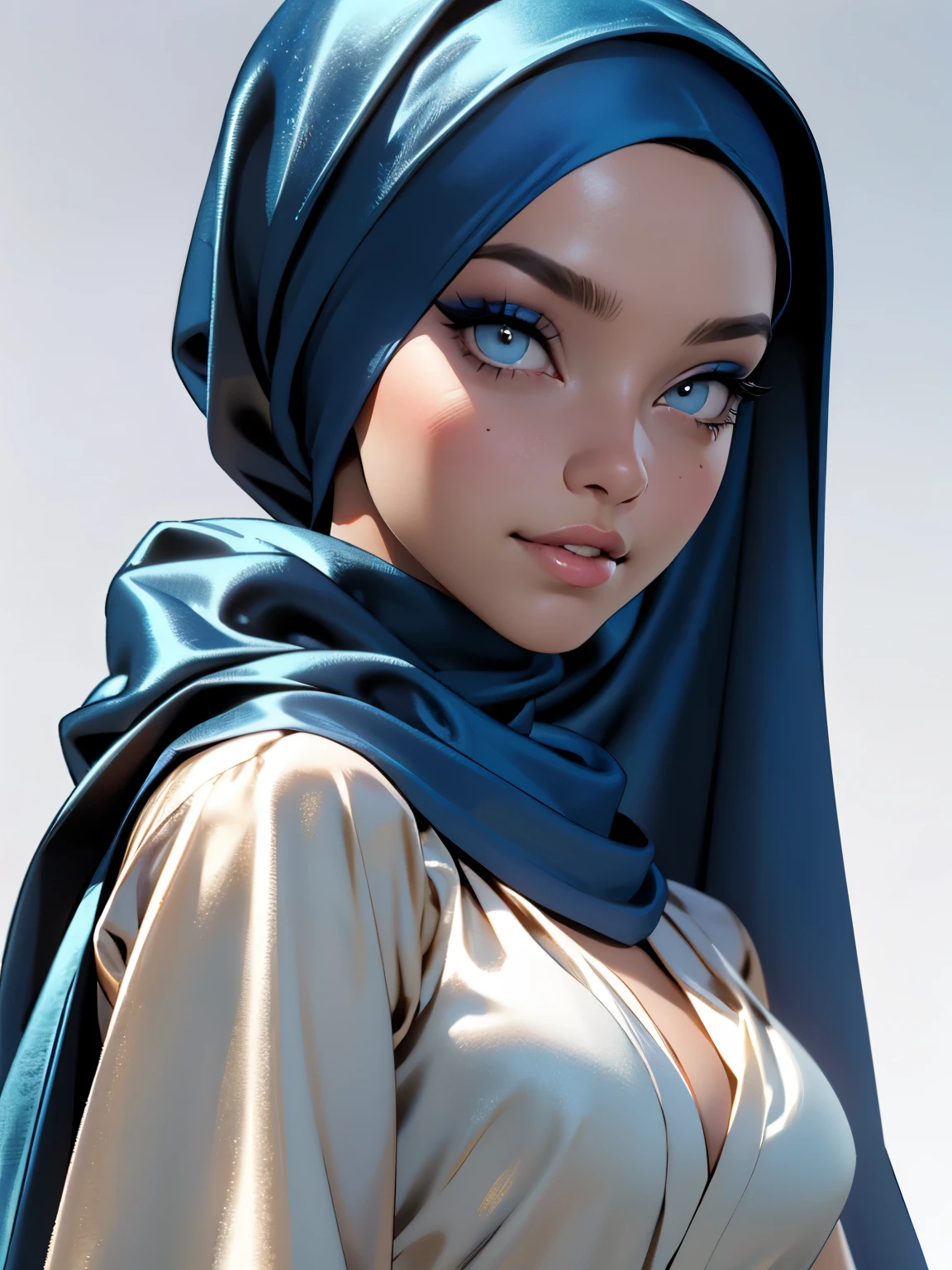 3dmm style, (Masterpiece), realistic, best quality, best lighting, extremely detailed artgerm, style artgerm, beautiful mature woman, 1 girl photo solo, beautifully makeup, eyeshadow, Parted Lips, Detailed Eyes, ((beautiful big eyes)), long eye lashes, dimples on the cheeks, smile, wearing silk turban hijab, ((Dark blue satin hijab)), loosely tide hijab style, shining silk, satin, blue satin, ((Blue satin shirt and satin long skirt)), (Close-up portrait), Front view, Standing Symmetric Centre, facing the viewer, gray background.