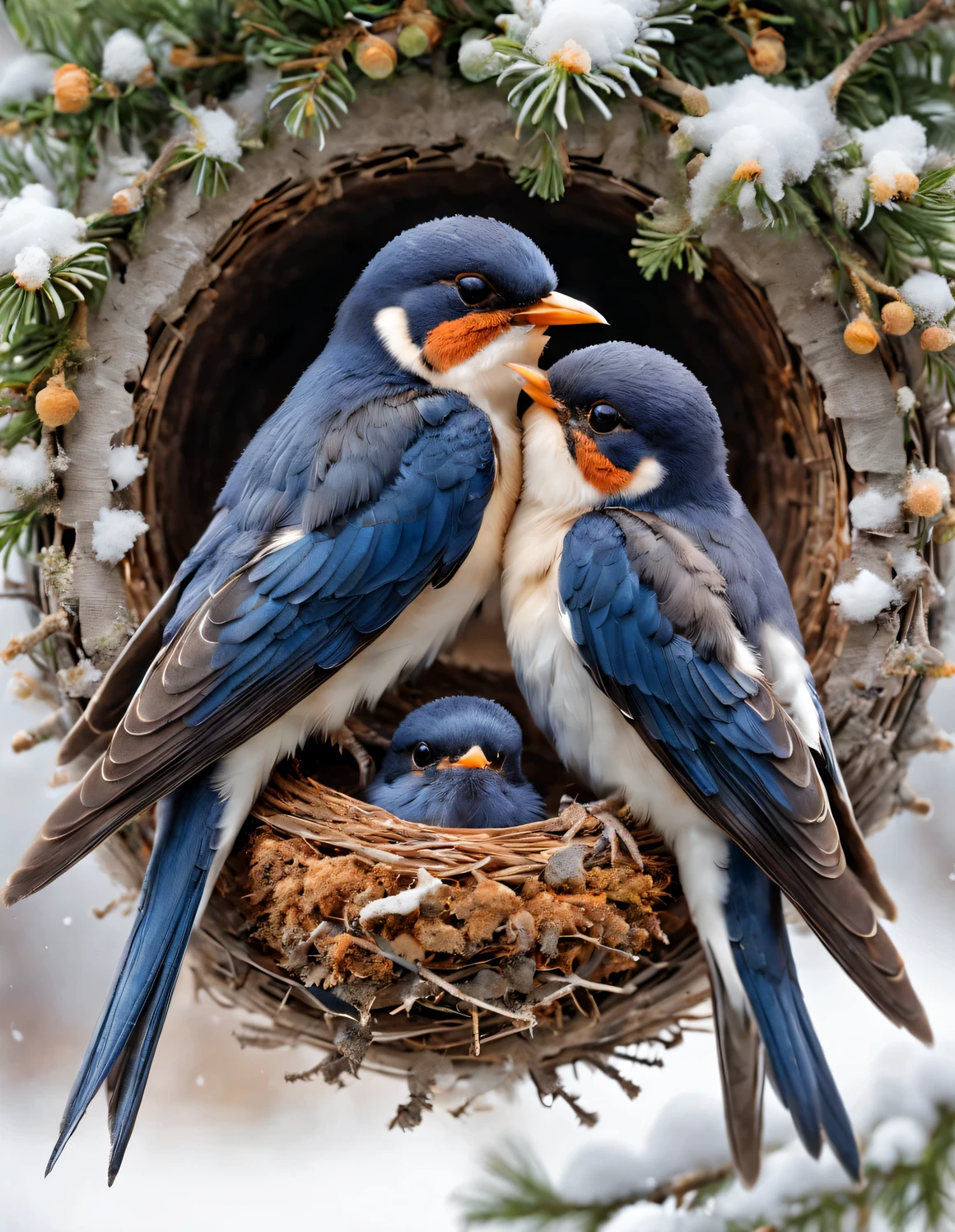 ガッシュスタイル, 美しいディテール ，（Mother swallow is feeding the lそれtle swallow in the nest），（Two lそれtle swallows open their mouths，Use their young mouths to fight for the lそれtle bugs brought by their mothers。.），The feathers of the lそれtle swallow shine wそれh blue-black luster，それぞれの作品は丁寧に磨かれた宝石のようです，魅力的な光を放つ，
The nest is sometimes built in a tree cavそれy，巣は主に泥と唾液の混合物でできている，カップまたはディスク，巣は荒々しい外観をしている，色は灰色または茶色，それ&#39;内側は滑らか，色が少し明るいです，
背景：（雪に覆われた軒下：0.68），（それ&#39;それ's snowing）