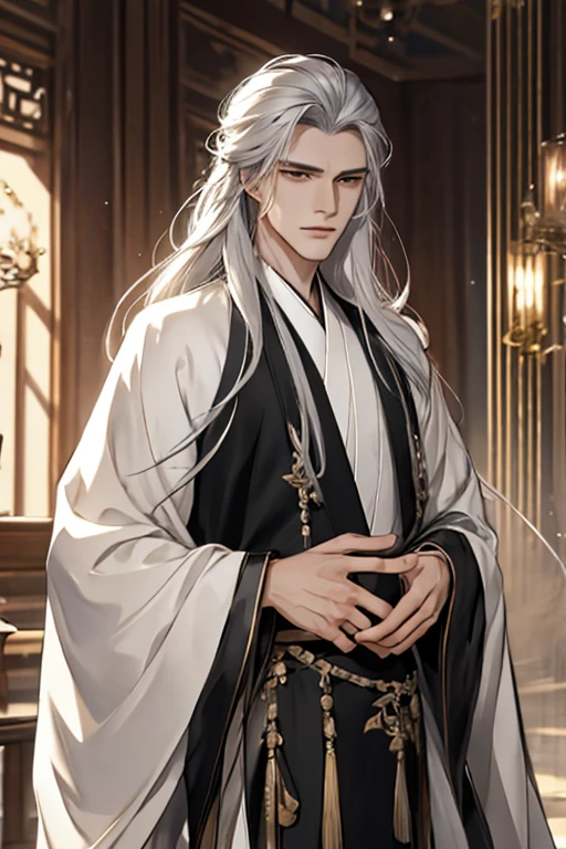 tmasterpiece，Best Picture Quality，Silver-haired man，male people，Black Hanfu，，Blackn clothes，long, floated hair，Wide-sleeved robe，ancient wind，Solid color clothes，The clothes do not have any patternajestic and fierce expression，gentlesoftlighting，water ink，Palace of Versailles interior