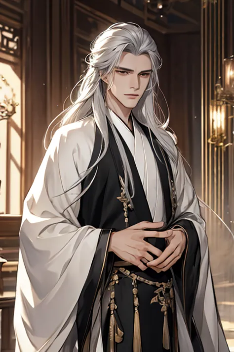 tmasterpiece，Best Picture Quality，Silver-haired man，male people，Black Hanfu，，Blackn clothes，long, floated hair，Wide-sleeved robe...