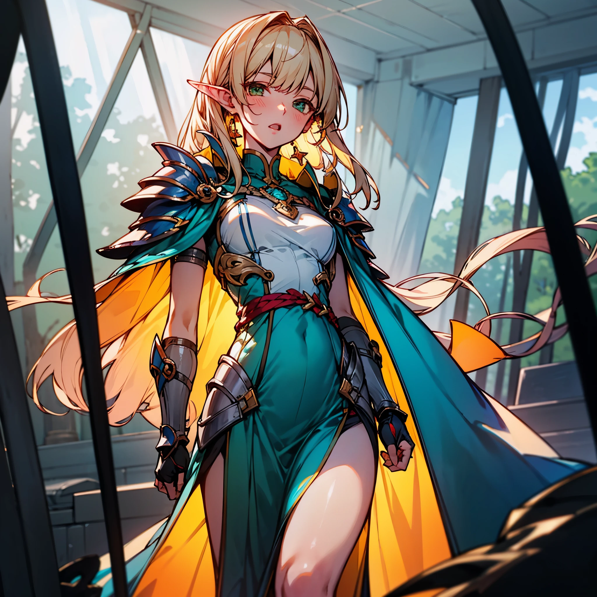 (extremely detailed fine touch:1.2), (natural light, sun light, light rays, dappled light, ray tracing:1.2), mature female , masterpiece, best quality, highly quality , ANI_CLASSIC_deedlit_ownwaifu, www.ownwaifu.com, pointy ears, blonde hair, long hair, elf, circlet, green eyes, long pointy ears, very long hair, breasts, medium breasts, earrings, lips, makeup, bangs, cape, armor, blue cape, shoulder armor, pauldrons, gloves, breastplate, belt, green dress, short dress, looking at viewer, blush, open mouth, standing, (Masterpiece, extremely detailed CG, sharp line),deedlit, offcial art, Colorful, Beautiful Japanese anime style，Extremely detailed eyes and face，Sharp pupils，realistic pupil，In the woods、cabellos largos dorados，ears of elf，Black lace panties，Slender thighs, varies multi etc. --v 6 --s 1000 --c 20 --q 20 --chaos 100