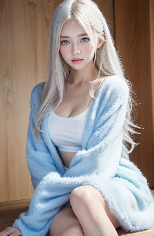 １４Caucasian model at the age, 両脚でFull body photo standing,（(Clean clothes)), wearing fluffy clothes, Natural light, Pretty Caucasian Woman, white hair, bright smile, (8K, Live shooting, highest quality, masterpiece: 1.2), masterpiece, super detail, , High-definition RAW color photo, Full body photo standing, , , , , highly detailed eyes, realistic skin texture, highly detailed fingers, very detailed nose, highly detailed mouth, , Photo above the knee, , See-through feeling、Transparent processing、wear fluffy clothes、, White hair, Blue eyes, masterpiece, realistic skin texture, , shiny hair and white skin, 、 natural skin texture,  A young woman who looks like a girl,  Photo above the knee、Blue eyes,  、lowered eyebrows,  innocent face,  Eyes that look gentle,  natural skin texture, round face,  Kind eyes, long and pure white beautiful hair、, small face,  No decorations attached,  white, drooping eyebrows,  Mont Blanc, white, drooping eyebrows、Eyes with sparkle、Both eyes are the same shape and size、wearing night clothes