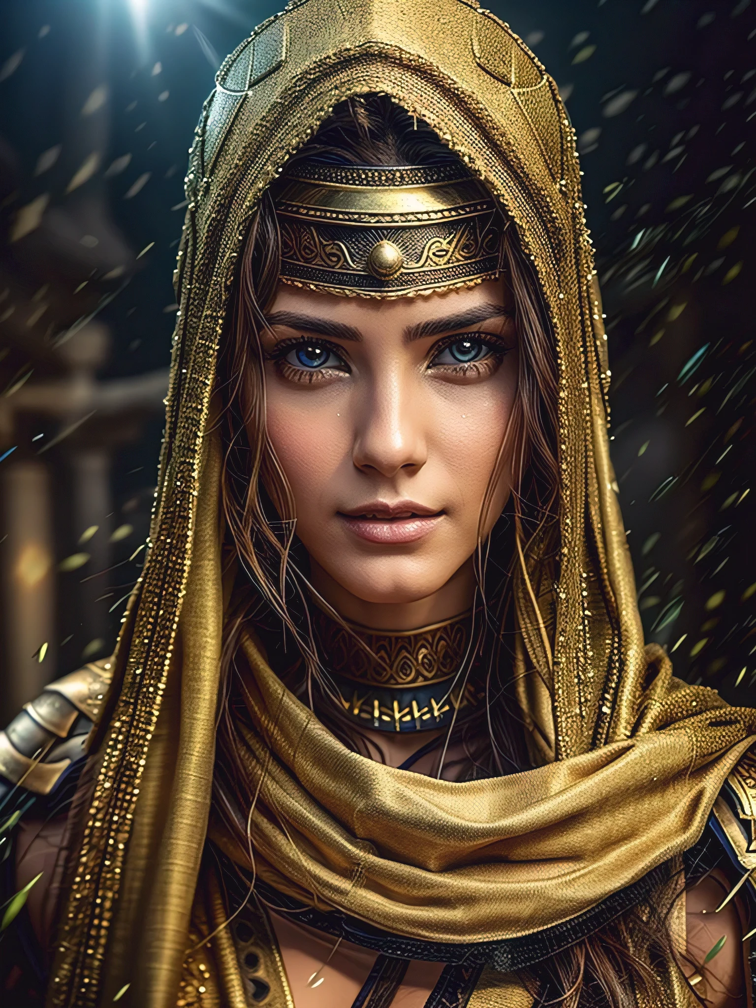 A very handsome ancient Arabic female warrior, Sharp gaze, Slight movements, Looking towards the camera, helmeted, Full body armor, Portrait of Characters, Lens above the chest, local weather, The background is the ancient Flag and an ancient battlefield where hundreds of people fight, Rich details, beautiful, Bright light, Bright colors, Real photos