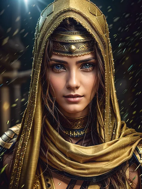 A very handsome ancient Arabic female warrior, Sharp gaze, Slight movements, Looking towards the camera, helmeted, Full body arm...