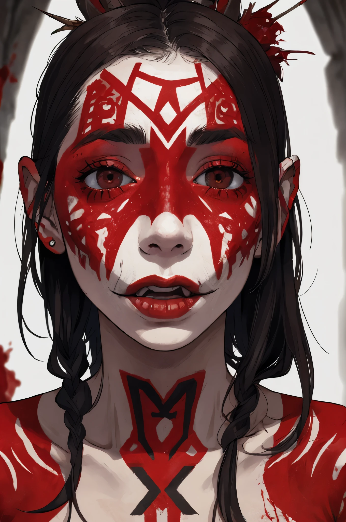 портрет, сексуально зависимая женщина из племени каннибалов, дергающийся язык,(много красных племенных тату:1.2), (кровь капает на белое лицо:1.2), (окровавленное лицо:1.3), странное выражение