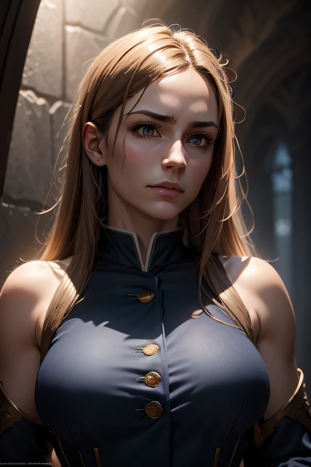 Fantasy art, photorealism, dynamic lighting, artstation, poster, volumetric lighting, very detailed faces, (official uniform: 1.4), long hair, sweater, delicate collarbone, bare shoulders, full breasts