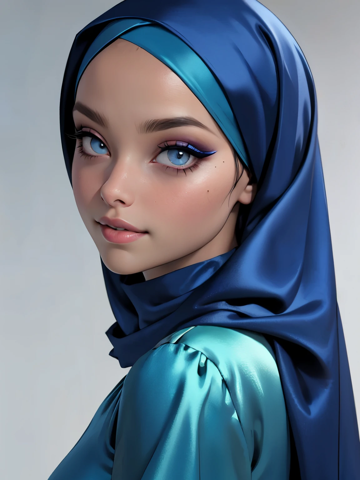 3dmm style, (Masterpiece), realistic, best quality, best lighting, extremely detailed artgerm, style artgerm, beautiful mature woman, 1 girl photo solo, beautifully makeup, eyeshadow, Parted Lips, Detailed Eyes, ((beautiful big eyes)), long eye lashes, dimples on the cheeks, smile, wearing silk turban hijab, ((Dark blue satin hijab)), loosely tide hijab style, shining silk, satin, blue satin, ((Blue satin shirt and satin long skirt)), (Close-up portrait), Front view, Standing Symmetric Centre, facing the viewer, gray background.