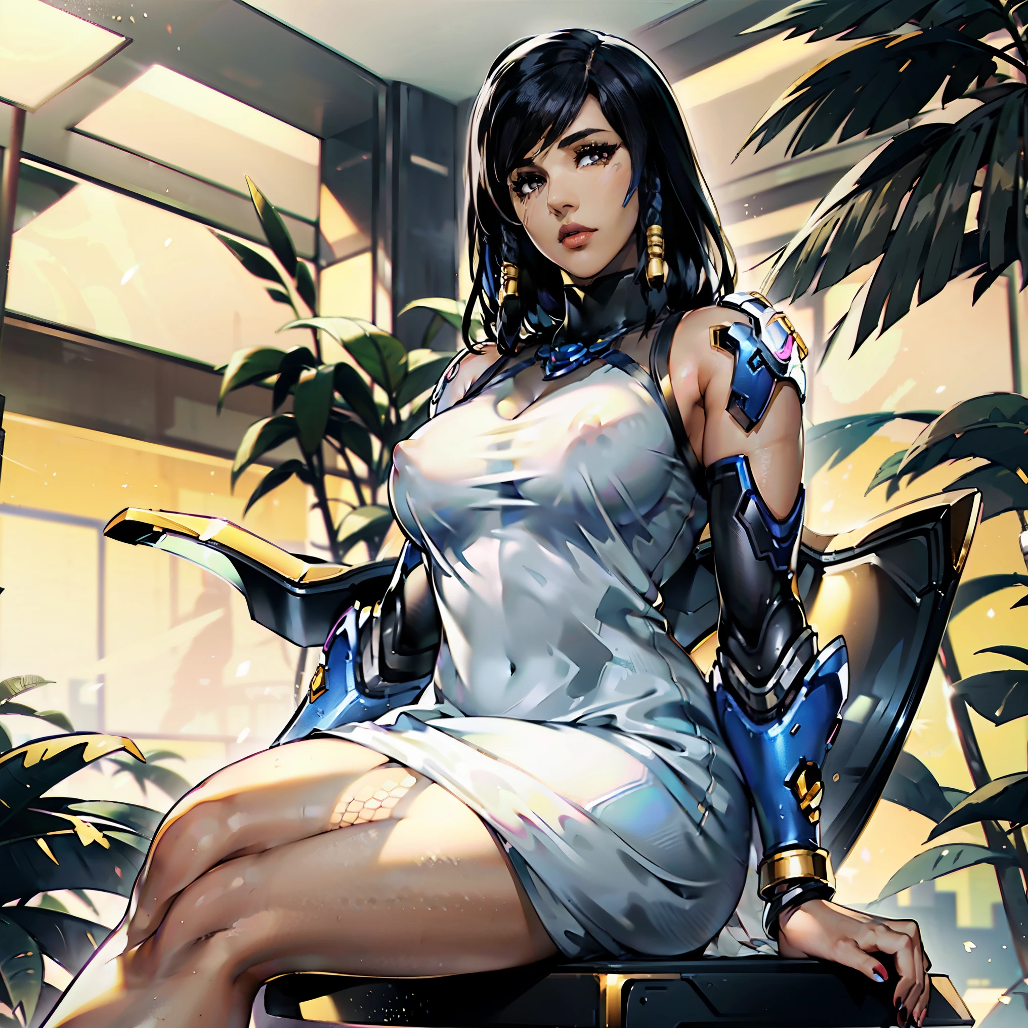 hyper realistic, highly detailed masterpiece of beautiful (Pharah from Overwatch:1.1), (sitting on thrown:1.3), curvy thick body , tanned skin , black braided hair, perfect face features, thick kissable lips, golden eyes, thick eyebrows, eyelashes, thin nose, glowing eyes, thick eyeliner, golden accessories, jewelries, muscular body shape , wearing white see through nuisette , seductive look, (see-through dress:1.2), nipples, OverallDetail,