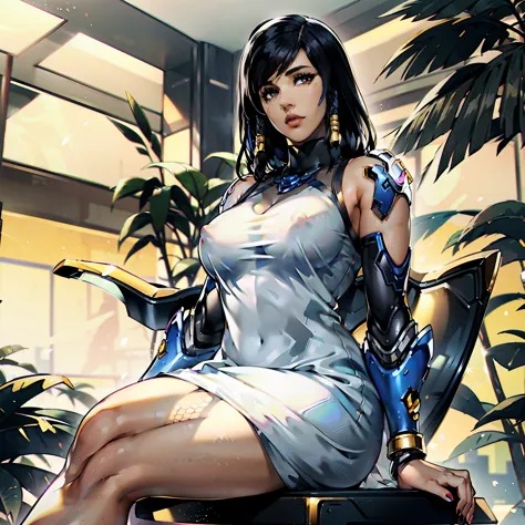 hyper realistic, highly detailed masterpiece of beautiful (Pharah from Overwatch:1.1), (sitting on thrown:1.3), curvy thick body...