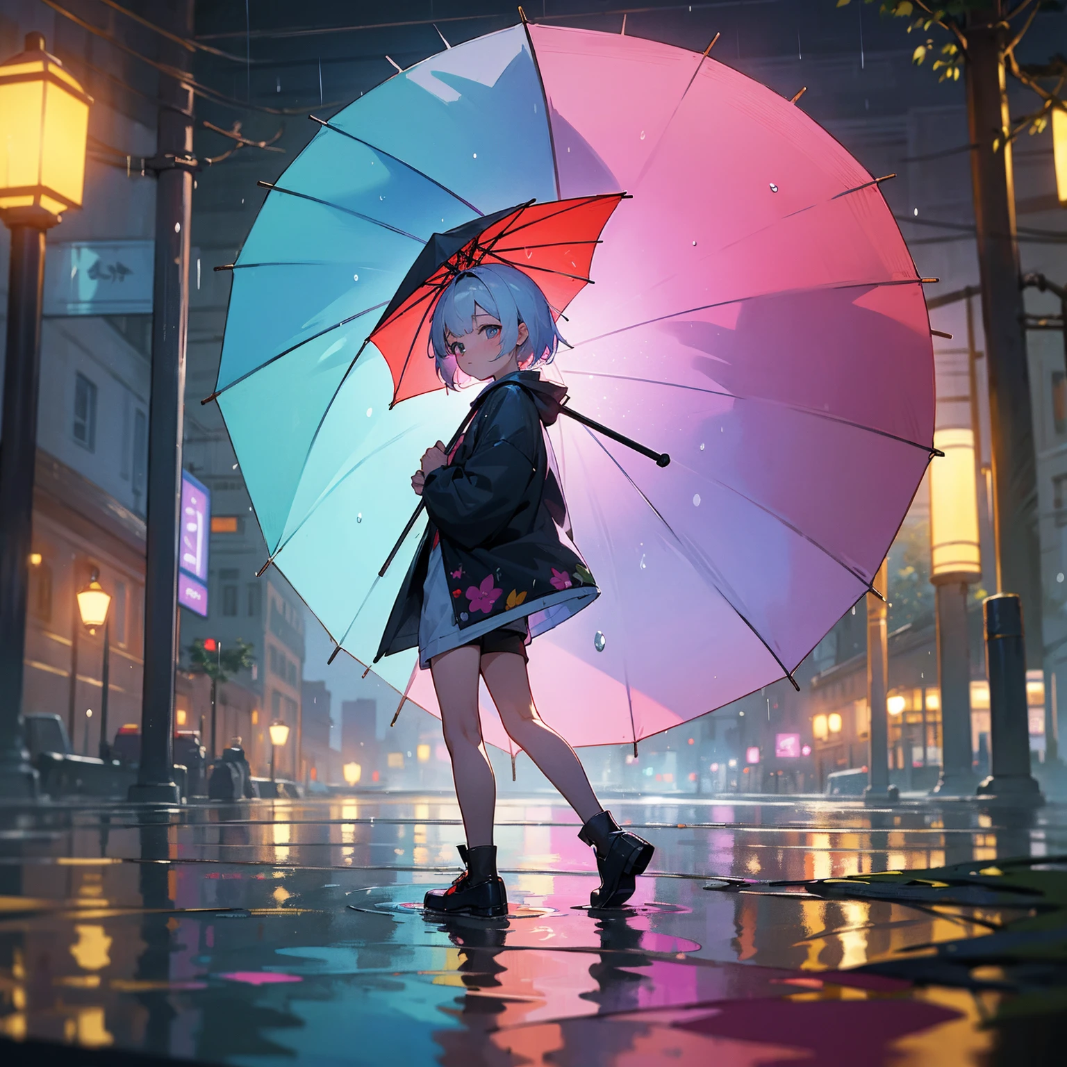 (best quality,4k,8k,highres,masterpiece:1.2),ultra-detailed,realistic, HDR,UHD,studio lighting,ultra-fine painting,sharp focus,physically-based rendering,extreme detail description,professional,vivid colors,bokeh,anime,landscape,a little boy wearing a raincoat, wading through a rain-soaked city street, holding an umbrella with a cute cartoon character print, surrounded by colorful, vibrant umbrellas carried by other people passing by, with the raindrops glistening in the light, creating a mesmerizing atmosphere.