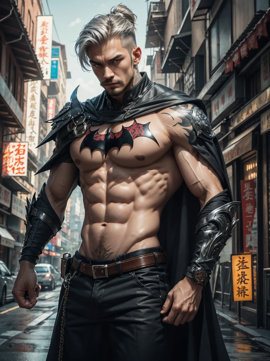 创建surrealof正义联盟蝙蝠侠角色，Perfectly lit ofSuper detailed armor Vetimenta Detailed Very realistic ofhigh resolution 8k ！Carefully carved eyes！Wearing a Batman mask ((（silver sound）Titanium Batwing))!（（The background is a city night view photo,Striking a cool pose！ Sci-Fi Fantasy Wallpapers, Sci-fi fantasy desktop wallpaper, fantasy planet, Fantasy space, fantasy scifi, Epic of beautiful space science fiction, Epic fantasy landscape, epic science fiction fantasy art, fantasy scifi, epic fantasy scifi illustration, Impressive fantasy scenery, In fantasy scifi city））！！！8k ultra high definition，Gorgeous of accessories！Carefully carved eyes！（（masterpiece）），（Colorful）（（Very short of hair））），original，realistically，Crazy of detail，The eyes have bright spots！There is a lot of chest hair！Just the right amount of color for a beard）（Handsome of figure），cloud，Handsome muscular man），Crazy Gorgeous Batman Costumes！Stubble masculinity）），a paradise，Cloud Doji，Crazy Gorgeous Batman Costumes）），（（Have a tattoo））（Realistic textured skin），!The whole body is covered Have a tattoo！Large area tattoo！Short hair detail，Shaved on both sides！(High detail8k)！！1 cm! 70kg!!Tan of skin, [ Short hair detail, Shaved on both sides, silver white ]!! Super detailed, Best of quality, Strong lighting, sharp focus, theater audience, Upward of the lens is closer to the body, (( Body fat 55%，Short hair detail！ shave the sides short, silver whey health, I have hair on my chest, body hair, , Showing hairy armpits, Hairy legs, silver hair,)), ,Muscular of Guigachad, super awesome and cool, with a beard、batman images,Handsome of Chad Chin, Handsome face庞和美丽of脸庞, big, male model, Derek, Handsome face, Handsome of man, Who is Shi Yu??????????????????????????????????????????????????????????????, Ross Tan, 27 years old, 28 years old, Young people with beautiful faces, Mark Edward Fish, Attractive male faces，sideways(！, big bulge ":1.2),(dynamic poses:1.1), big腿ofmasterpiece, Best of quality, high resolution, closeup portrait, male focus, solo focus, A man of, 35 years old, 、Ai Jia、low angle, body hair, grow a beard, weight loss，Stay healthy, I have hair on my chest, body hair, , Raised sexy，Showing hairy armpits, Hairy legs, mustache, model pose, Surprising composition, Front view, high dynamic range, smirk， , Eight-pack abs, Abs hair，of，Alpha male！, Raise your hands high, Short hair detail, Shaved on both sides, silver white, grow a beard, spark of light, Sexy big protruding！，There are small protrusions in the abdomen, detail, Belly and hairy belly are complicated， 8K post-production，Muscular character, Strong of masculine characteristics, muscular man pictures, Muscle bulge, muscular man, Muscular ofbig legs ８ｋ High detail,light, surreal, High detail, anatomically correct, Texture of skin,!high quality,Wide-angle lens！The entire body contains the calves！ low angle of view，Best of quality, high resolution, masterpiece, Acura