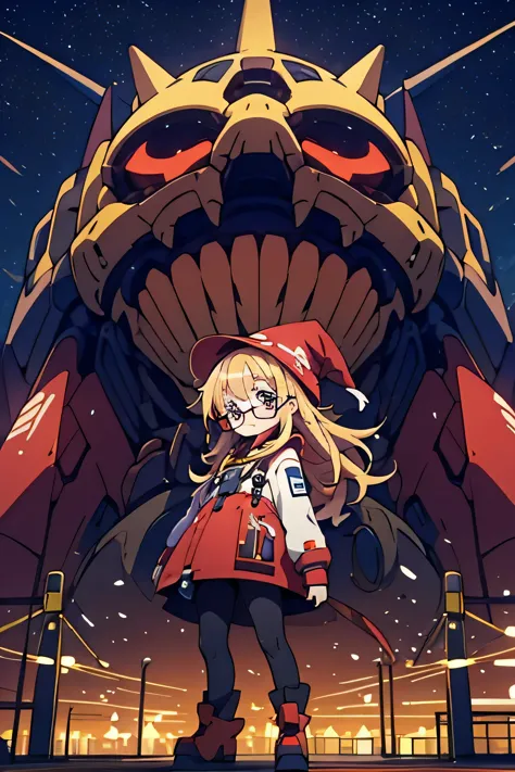 Mecha in background, Giant Mecha, Red, Platform, Red Wings, Turbines, Witch Hat, Long yellow energy lines behind the head, Mistico, Behind a young anime girl, long blonde hair, nerd, round glasses, witch outfit, Stars, Universe in the background
