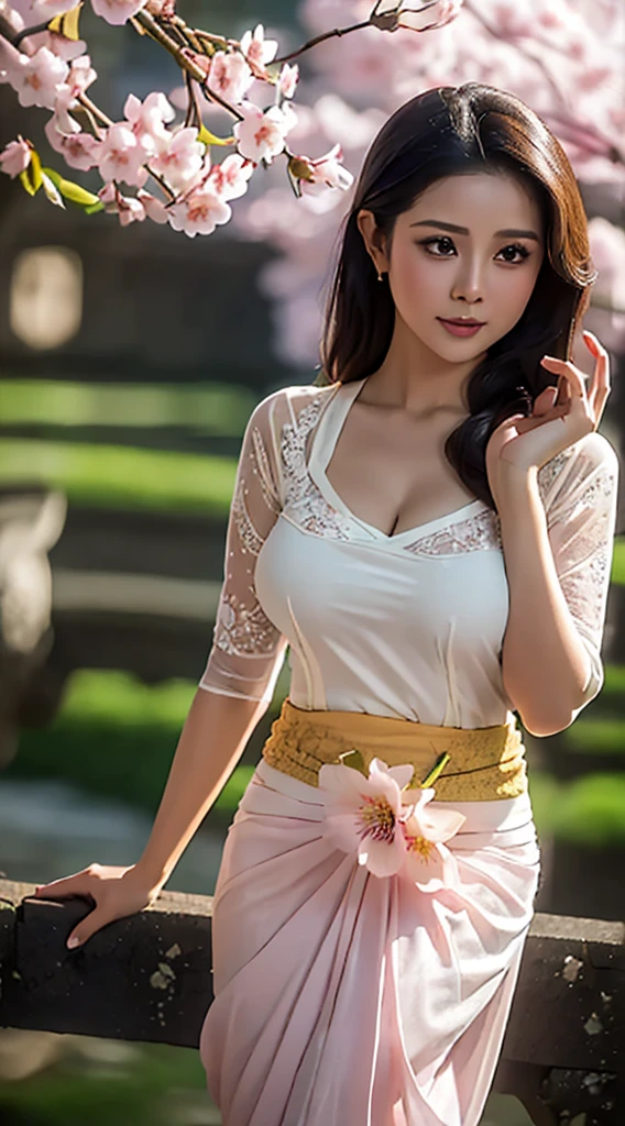 (((A Balinese sexy Girl holding a bouquet of pink cherry blossoms))),(8k, RAW photo, best quality, work:1.3), (realistic, photo-realistic:1.37),1girl,cute,city view,night,rain,wet,professional lighting,photon mapping , radiosity, Physically based rendering, gradient black hair, long straight hair, beautiful, feminine, set of white balls, excellent image quality, high resolution, 1080p, (((clear face))), (detailed face description), (description detailed hands), ((( masterpiece))), (exquisite CG), extreme light and shadow, messy hair, masterpiece, rich details, (exquisite facial features), (highest image quality), (masterpiece), (detailed eyes), look forward to your eyes, delicate collarbone, (((kebaya_bali))),(non NSFW),(Full Body),(cute face:1.5),(huge breasts:1.2),high-heels,big hips, medium thighs,Random Dresses kebaya_bali,breasts slightly exposed,cleavage of the breast,lipgloss,Lace,

