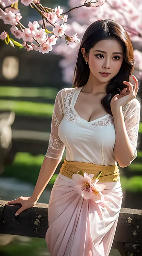 (((A Balinese sexy Girl holding a bouquet of pink cherry blossoms))),(8k, RAW photo, best quality, work:1.3), (realistic, photo-...