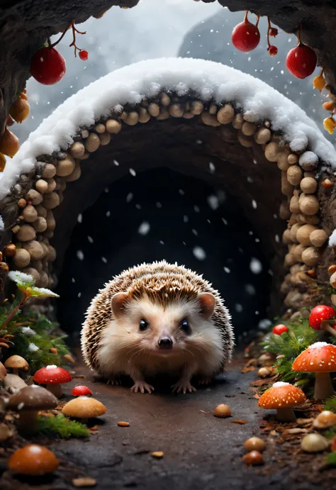Combination art style, Beautiful detailed，(Cute little hedgehog standing at the entrance of the cave, Stretch out your little he...