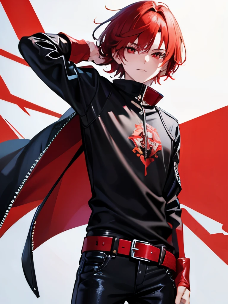 Red hair and red eyes. Medium hair. Asymmetrical riders and black jeans rider boots. 1boy


