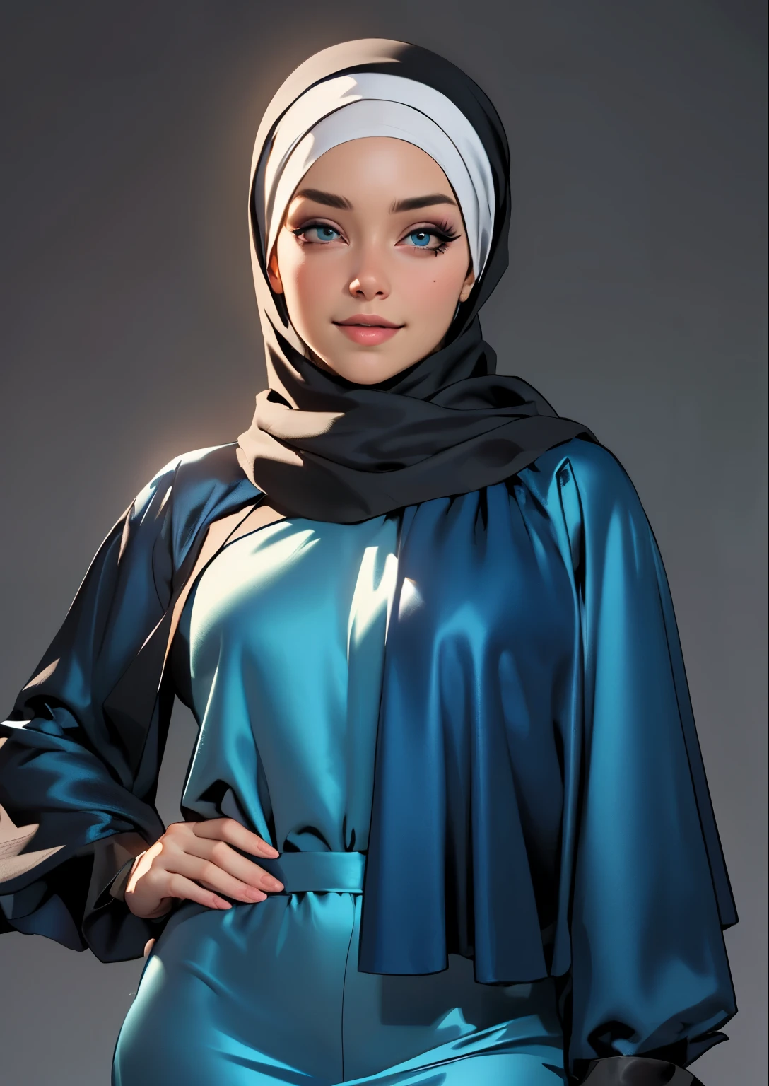 3dmm style, (Masterpiece), realistic, best quality, best lighting, extremely detailed artgerm, style artgerm, beautiful mature woman, 1 girl photo solo, beautifully makeup, eyeshadow, Parted Lips, Detailed Eyes, ((beautiful big eyes)), long eye lashes, dimples on the cheeks, smile, wearing silk turban hijab, ((Dark blue satin hijab)), loosely tide hijab style, shining silk, satin, blue satin, ((Blue satin shirt and satin long skirt)), (Close-up portrait), Front view, Standing Symmetric Centre, facing the viewer, passports photo, gray background.