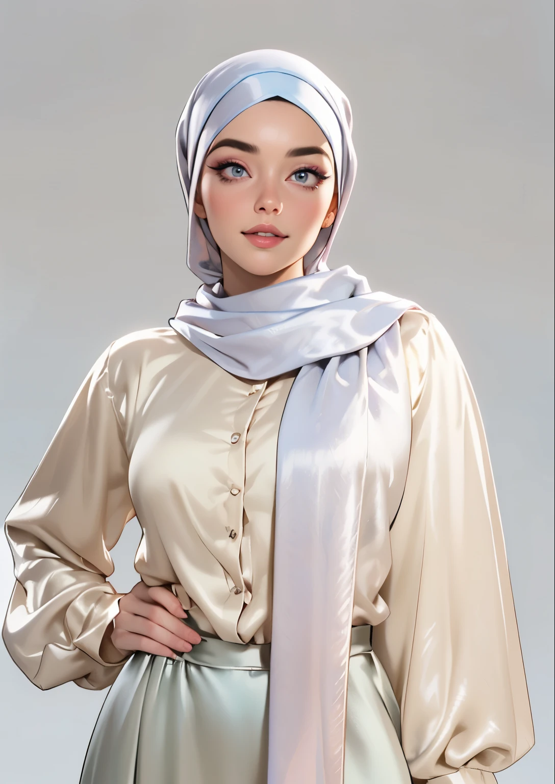 3dmm風格, (傑作), 實際的, 最好的品質, 最佳照明, 非常詳細的artgerm, 風格藝術傑姆, 美麗的成熟女人, 1 女孩單獨照片, 美麗的妝容, 眼影, 張開雙唇, 細緻的眼睛, ((美麗的大眼睛)), 長長的睫毛, 臉頰上有酒窩, 微笑, 戴絲綢頭巾頭巾, ((Dark blue 緞 hijab)), 寬鬆潮頭巾風格, 閃亮的絲綢, 緞, blue 緞, ((Blue 緞 shirt and 緞 long skirt)), (特寫肖像), 正視圖, 站立對稱中心, 面向觀眾, 護照照片, 灰色背景.