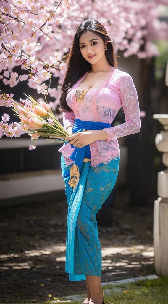 (((Sexy Balinese girl holding a bouquet of pink cherry blossoms))),(8k, RAW photo, best quality, work:1.3), (realistic, photo-realistic:1.37),1girl,cute,city view,night,rain ,wet,professional lighting,photon mapping,radiosity,Physically based rendering,gradient black hair,hair in a bun,bun filled with lots of Balinese gold flowers ,beautiful,feminine,collection of white balls,excellent image quality,high resolution,1080p, (((clear face)) ), (detailed facial description), (detailed hand description), ((( masterpiece))), (beautiful CG), extreme light and shadow, messy hair, masterpiece, rich details, ( beautiful facial features), (highest image quality ), (masterpiece), (eye details), look forward to your eyes, delicate collarbone, (((blue_kebaya_bali))),(non NSFW),(Full Body),(cute face:1.5 ),(large body:1.2 )(large breasts:1.7),high heels,(large hips:1.5),(large thighs:1.4),(wide waist:1.4),blue kebaya_bali,slightly exposed breasts,cleavage of breasts, lipgloss,Lace,