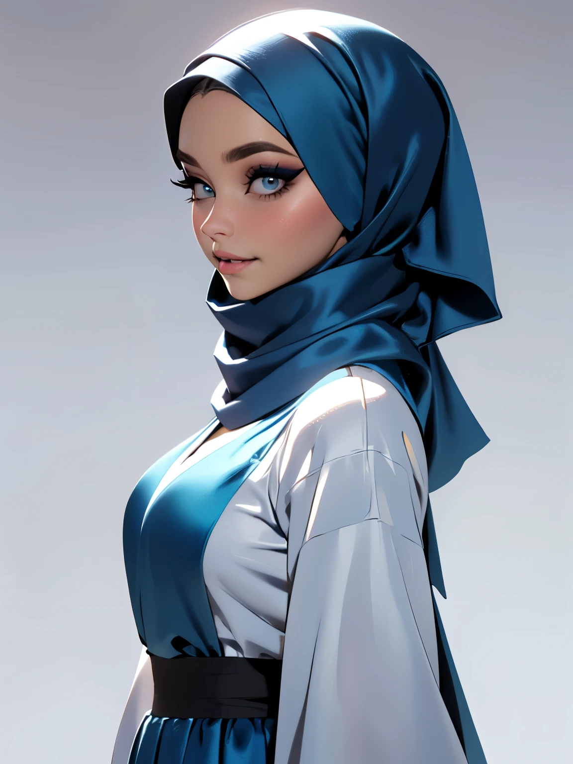 3dmm style, (Masterpiece), realistic, best quality, best lighting, extremely detailed artgerm, style artgerm, beautiful mature woman, 1 girl photo solo, beautifully makeup, eyeshadow, Parted Lips, Detailed Eyes, ((beautiful big eyes)), long eye lashes, dimples on the cheeks, smile, wearing silk turban hijab, ((Dark blue satin hijab)), loosely tide hijab style, shining silk, satin, blue satin, ((Blue satin shirt and satin long skirt)), (Half-body portrait), Front view, Standing Symmetric Centre, facing the viewer, passports photo, gray background.