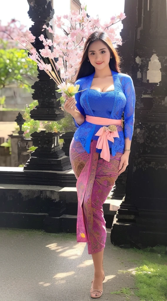 (((Sexy Balinese girl holding a bouquet of pink cherry blossoms))),(8k, RAW photo, best quality, work:1.3), (realistic, photo-realistic:1.37),1girl,cute,city view,night,rain ,wet,professional lighting,photon mapping,radiosity,Physically based rendering,gradient black hair,hair in a bun,bun filled with lots of Balinese gold flowers ,beautiful,feminine,collection of white balls,excellent image quality,high resolution,1080p, (((clear face)) ), (detailed facial description), (detailed hand description), ((( masterpiece))), (beautiful CG), extreme light and shadow, messy hair, masterpiece, rich details, ( beautiful facial features), (highest image quality ), (masterpiece), (eye details), look forward to your eyes, delicate collarbone, (((blue_kebaya_bali))),(non NSFW),(Full Body),(cute face:1.5 ),(large body:1.2 )(large breasts:1.7),high heels,(large hips:1.5),(large thighs:1.4),(wide waist:1.4),blue kebaya_bali,slightly exposed breasts,cleavage of breasts, lipgloss,Lace,
