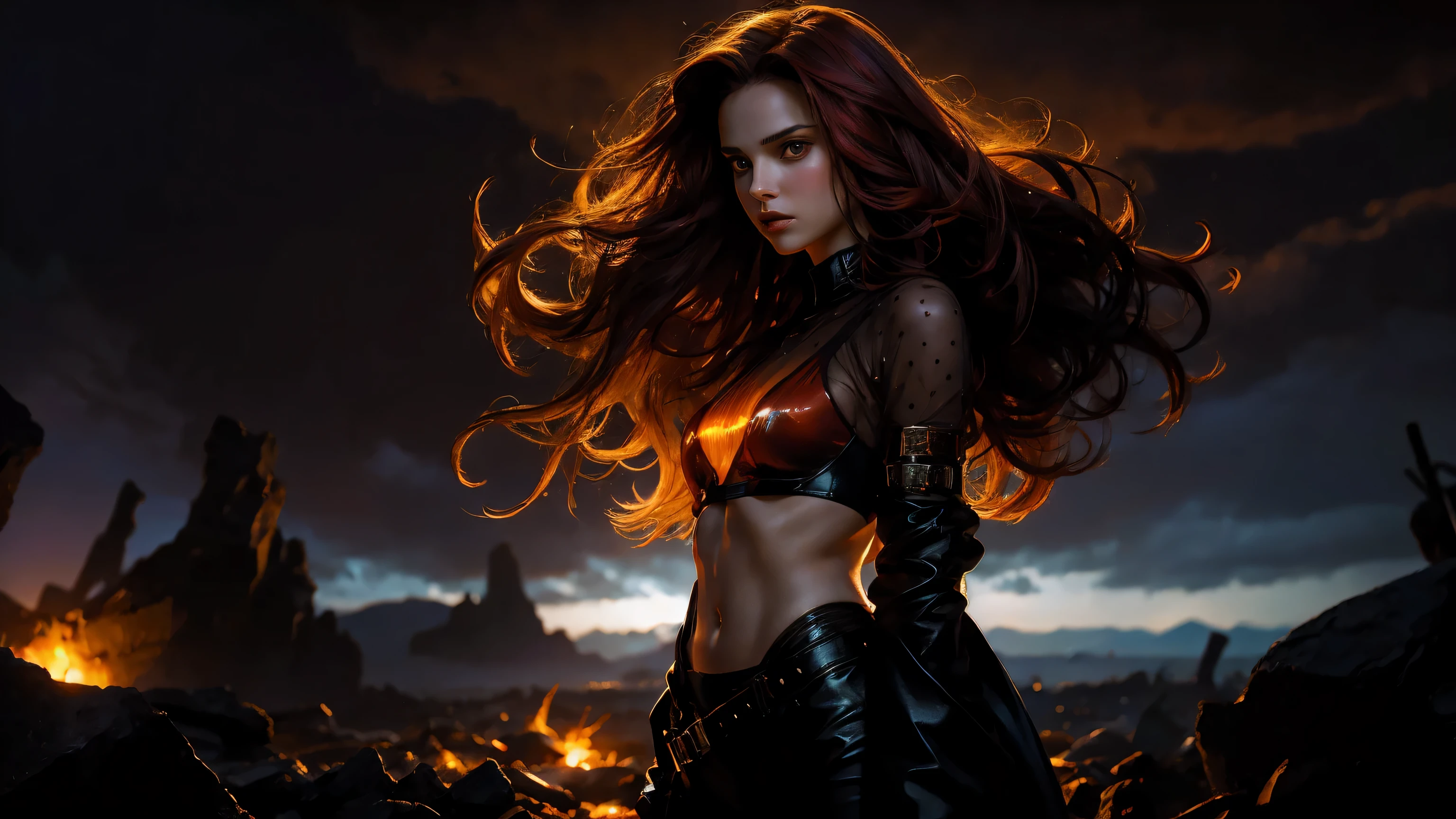 A demoness girl, Teen Natalie Portman, with long curly red hair, is standing in a night scene. She is wearing a translucent crop top and a transparent bodysuit. The background shows a fiery volcano and a cloudy sky. The image should have the best quality, be ultra-detailed, and realistic. The artwork should have a portrait art style and a color tone that enhances the dark and mysterious atmosphere. The lighting should emphasize the glow from the fire and create a dramatic effect.