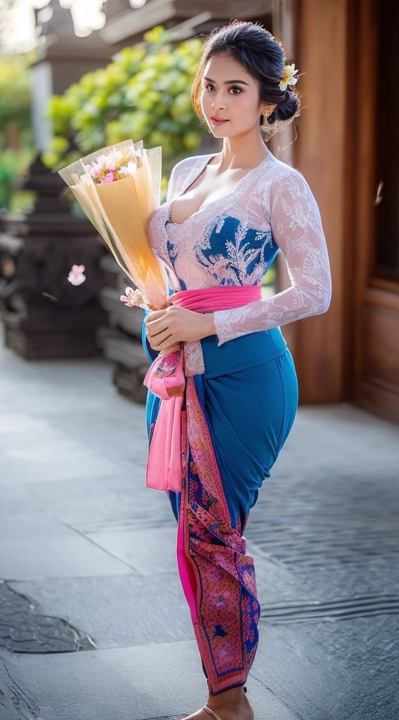 (((Sexy Balinese girl holding a bouquet of pink cherry blossoms))),(8k, RAW photo, best quality, work:1.3), (realistic, photo-realistic:1.37),1girl,cute,city view,night,rain ,wet,professional lighting,photon mapping,radiosity,Physically based rendering,gradient black hair,hair in a bun,bun filled with lots of Balinese gold flowers ,beautiful,feminine,collection of white balls,excellent image quality,high resolution,1080p, (((clear face)) ), (detailed facial description), (detailed hand description), ((( masterpiece))), (beautiful CG), extreme light and shadow, messy hair, masterpiece, rich details, ( beautiful facial features), (highest image quality ), (masterpiece), (eye details), look forward to your eyes, delicate collarbone, (((blue_kebaya_bali))),(non NSFW),(Full Body),(cute face:1.5 ),(large body:1.2 )(large breasts:1.7),high heels,(large hips:1.5),(large thighs:1.4),(wide waist:1.4),blue kebaya_bali,slightly exposed breasts,cleavage of breasts, lipgloss,Lace,