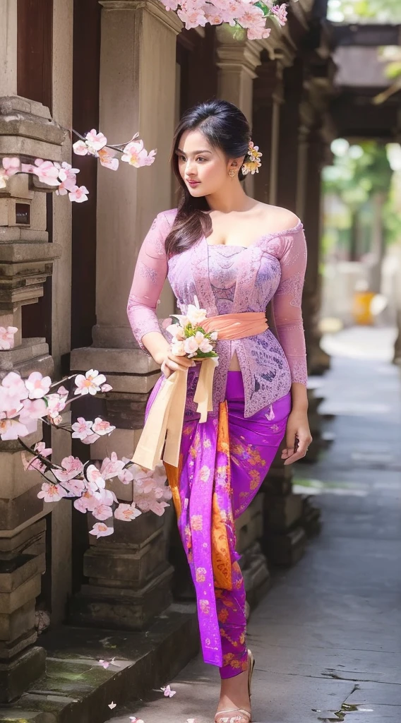 (((Sexy Balinese girl holding a bouquet of pink cherry blossoms))),(8k, RAW photo, best quality, work:1.3), (realistic, photo-realistic:1.37),1girl,cute,city view,night,rain ,wet,professional lighting,photon mapping,radiosity,Physically based rendering,gradient black hair,hair in a bun,bun filled with lots of Balinese gold flowers ,beautiful,feminine,collection of white balls,excellent image quality,high resolution,1080p, (((clear face)) ), (detailed facial description), (detailed hand description), ((( masterpiece))), (beautiful CG), extreme light and shadow, messy hair, masterpiece, rich details, ( beautiful facial features), (highest image quality ), (masterpiece), (eye details), look forward to your eyes, delicate collarbone, (((blue_kebaya_bali))),(non NSFW),(Full Body),(cute face:1.5 ),(large body:1.2 )(large breasts:1.7),high heels,(large hips:1.5),(large thighs:1.4),(wide waist:1.4),blue kebaya_bali,slightly exposed breasts,cleavage of breasts, lipgloss,Lace,