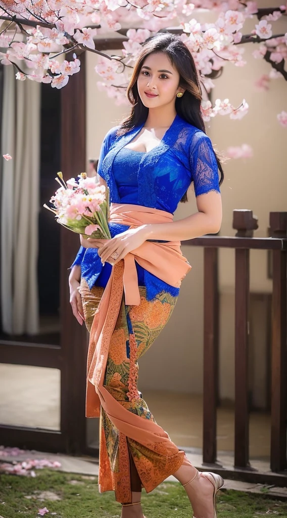 (((Sexy Balinese girl holding a bouquet of pink cherry blossoms))),(8k, RAW photo, best quality, work:1.3), (realistic, photo-realistic:1.37),1girl,cute,city view,night,rain ,wet,professional lighting,photon mapping,radiosity,Physically based rendering,gradient black hair,hair in a bun,bun filled with lots of Balinese gold flowers ,beautiful,feminine,collection of white balls,excellent image quality,high resolution,1080p, (((clear face)) ), (detailed facial description), (detailed hand description), ((( masterpiece))), (beautiful CG), extreme light and shadow, messy hair, masterpiece, rich details, ( beautiful facial features), (highest image quality ), (masterpiece), (eye details), look forward to your eyes, delicate collarbone, (((blue_kebaya_bali))),(non NSFW),(Full Body),(cute face:1.5 ),(large body:1.2 )(large breasts:1.7),high heels,(large hips:1.5),(large thighs:1.4),(wide waist:1.4),blue kebaya_bali,slightly exposed breasts,cleavage of breasts, lipgloss,Lace,