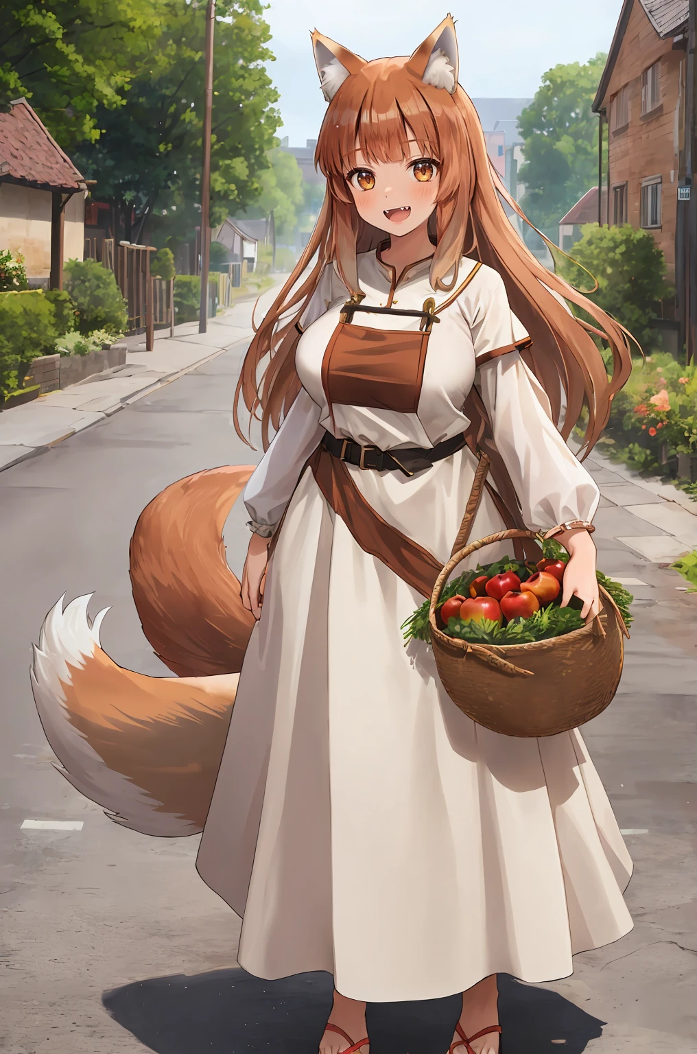 (holo:1.5), (holoBrownDress:1.5), masterpiece, best quality, absurdres, 1girl, looking at viewer, standing, cowboy shot, outdoors, medieval, cobblestone street, town, pouch, sash, smile, fruit, apple, basket,big breast, curvy, silver hair, white hair, full body, flipflops,open mouth smile, fangs,