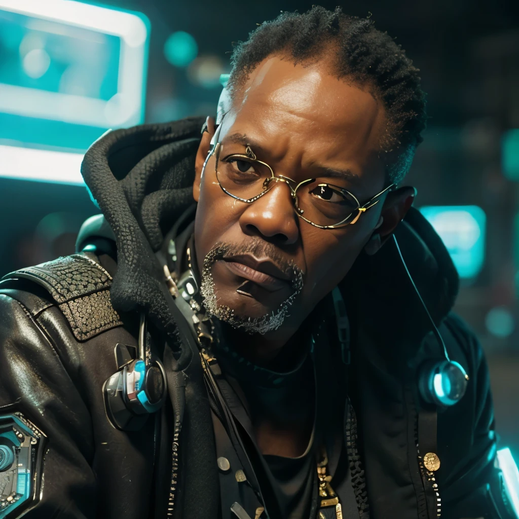 ((masterpiece, highest quality, hires, amazing detail, 8k, best quality)), cinematic, portait, closeup shot of middle aged man / Samuel l jackson/, wearing highly damaged battlesuit, perfect facial hair, scars, cybernetic implants, prosthetics, mirrorshades, in the artstyle of shirow masamune, ghost in the shell, gantz, gritty, cyberpunk background, dynamic colours