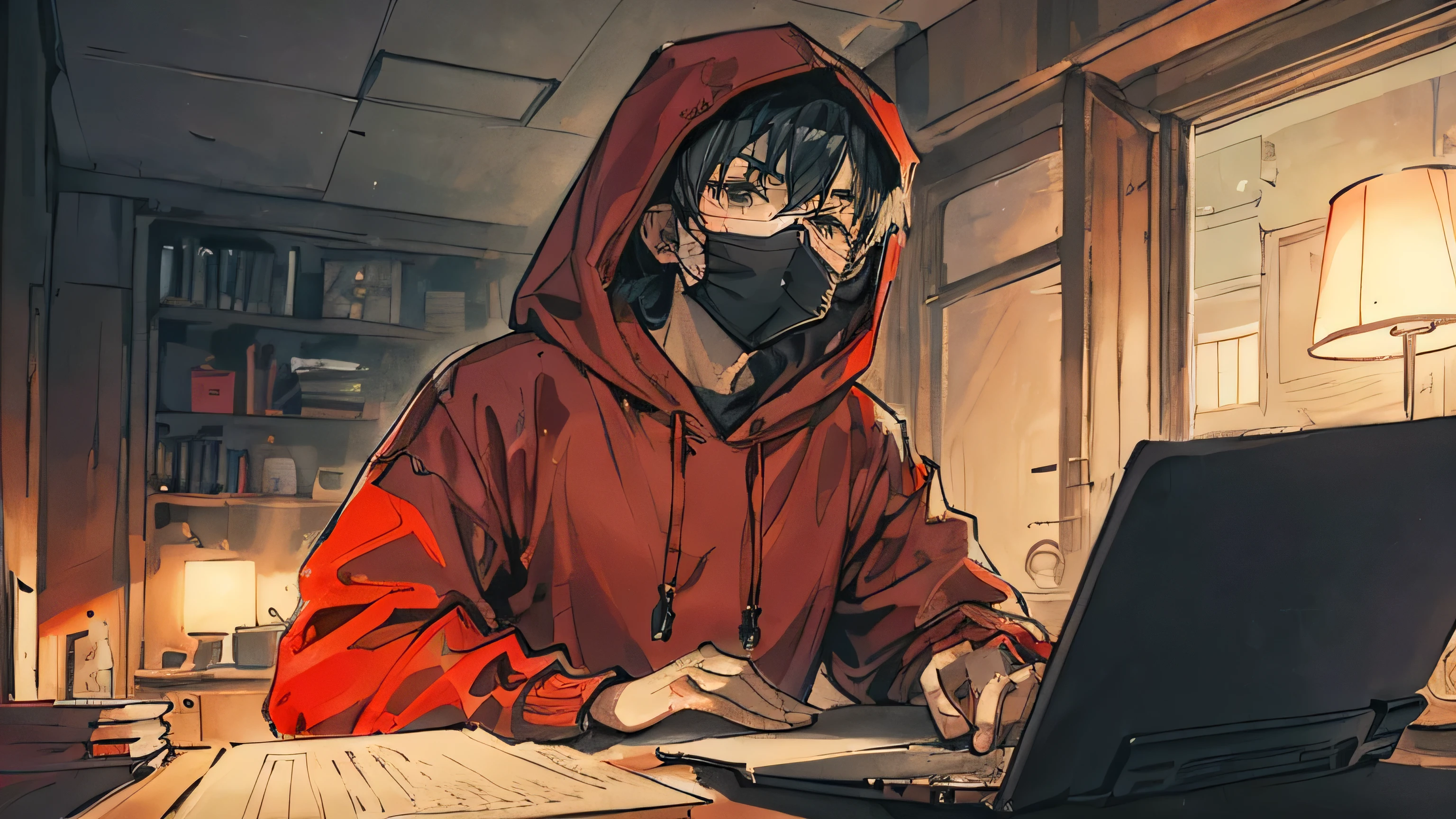 1 boy, black hair, black face mask, a red hoodie and sunglasses, He is sitting behind his laptop in his office. arms on his desk. It is night. The room has volumetric lighting. He is front facing to the camera. looking straight and centered, central portrait, sitting straight, front view, 8k resolution, black face mask