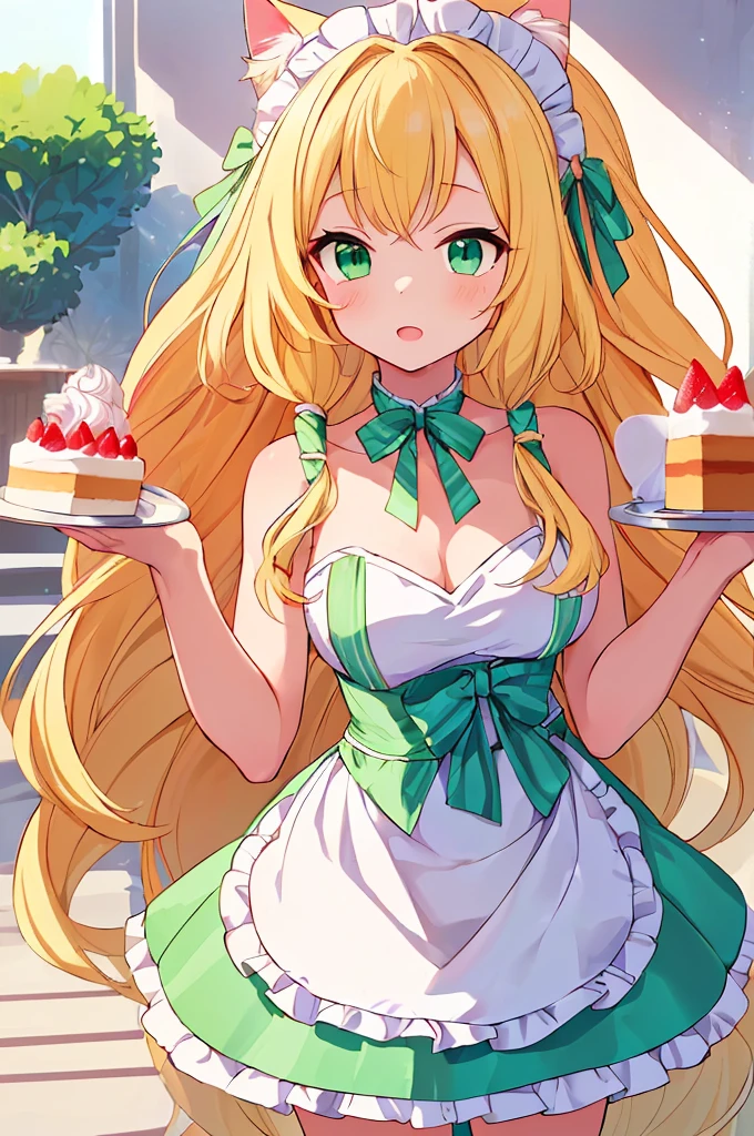 1girl, a girl, girl, ((Chiffon from maimai, cosplay)), blonde, Cat ears, green eyes, joy, happy, (Green maid outfit, Cream white apron), Tray in hand, Cream cake, ((Cute illustrations)), ((Detailed hair strands, Exquisite and beautiful)), (Popular topics on pixiv), (best quality, masterpiece, perfect face)