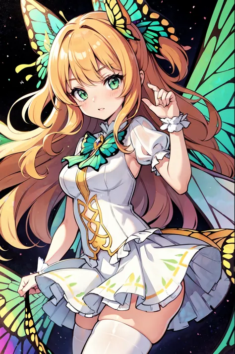 1girl, (butterfly ears:1.1), (apricot hair), (extremely curly hair), (very long hair), (hime bangs), (sage green eyes), (dynamic pose), (colorful white idol costume), (frilly skirt), (white lace pantyhose), (butterfly wings:1.3), (dynamic angle), more_deta...
