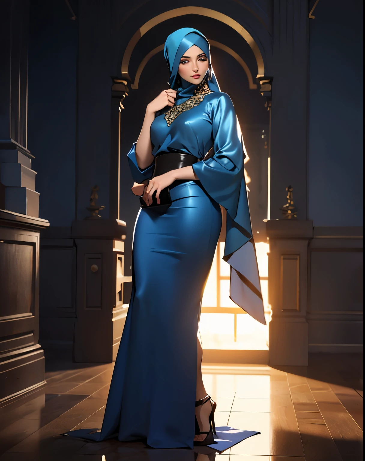 3dmm style, (Masterpiece), realistic, best quality, best lighting, extremely detailed artgerm, style artgerm, beautiful mature woman, 1 girl photo solo, beautifully makeup, eyeshadow, Parted Lips, Detailed Eyes, ((beautiful big eyes)), long eye lashes, dimples on the cheeks, smile, wearing silk turban hijab, ((Dark blue satin hijab)), loosely tide hijab style, shining silk, satin, blue satin, ((Blue satin shirt and satin long skirt)), (Half-body portrait), Front view, Standing Symmetric Centre, facing the viewer, passports photo, gray background.