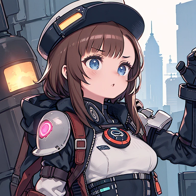 masterpiece,  best quality, , (solo), 1girl, look up, dim light, , Horizon_(apex legends), goggles, blue eyes, brown hair, gauntlets, shoulder armor,  headwear, (freckles:0.5), , (science_fiction), outdoors, street, neon lights, cyberpunk,