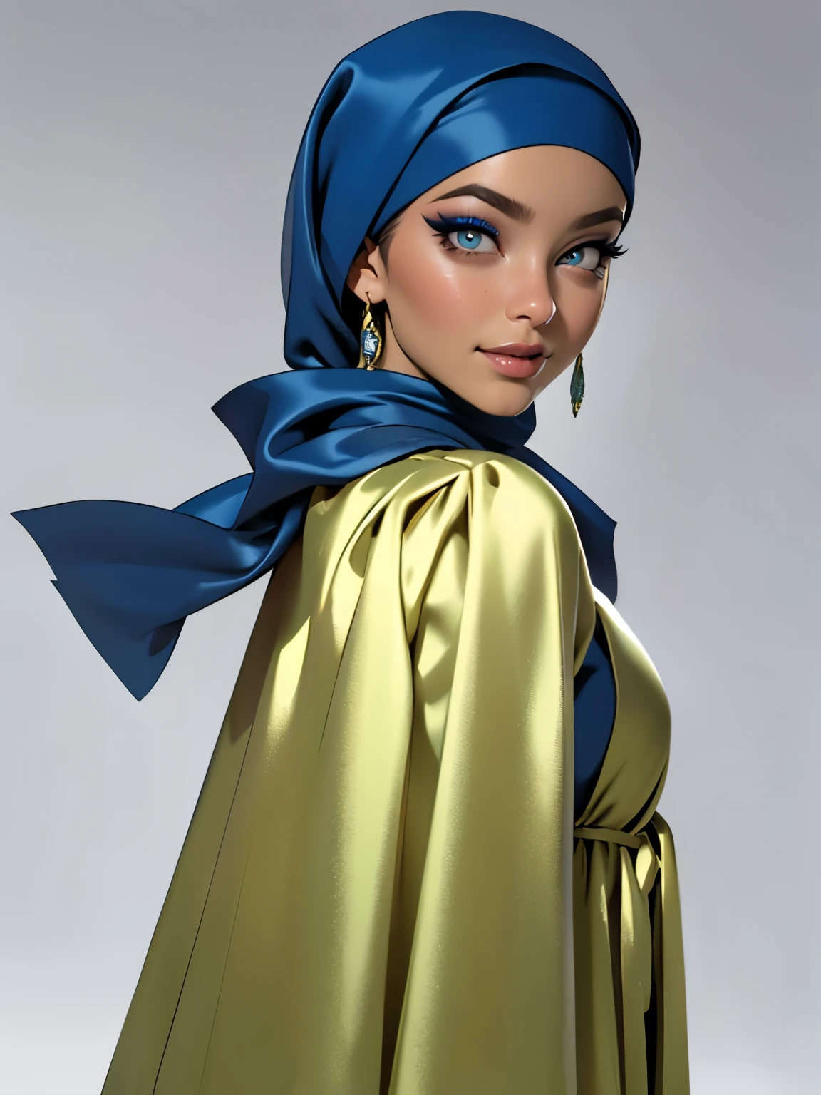 3dmm style, (Masterpiece), realistic, best quality, best lighting, extremely detailed artgerm, style artgerm, beautiful mature woman, 1 girl photo solo, beautifully makeup, eyeshadow, Parted Lips, Detailed Eyes, ((beautiful big eyes)), long eye lashes, dimples on the cheeks, smile, wearing silk turban hijab, ((Dark blue satin hijab)), loosely tide hijab style, shining silk, satin, blue satin, ((Blue satin shirt and satin long skirt)), (Half-body portrait), Front view, Standing Symmetric Centre, facing the viewer, passports photo, gray background.