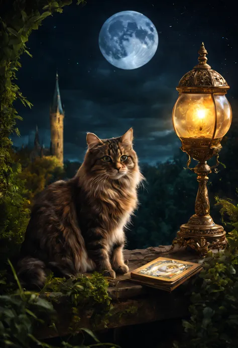 chat, lune, pendule, tarot, magie, dans un paysage, Ambiance magique, mystère,(meilleure qualité, haute résolution,ultra-détaill...