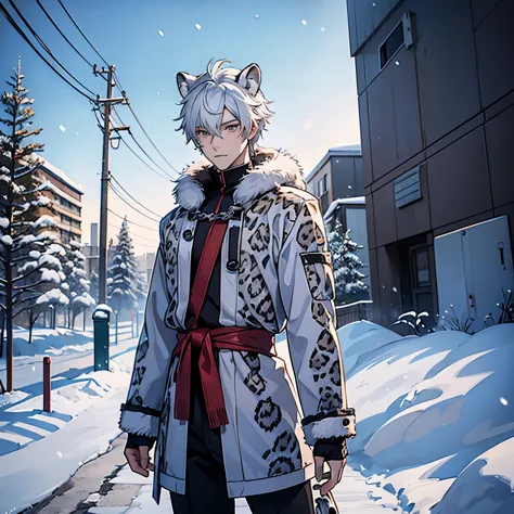 Anime, anime male, modern, snow leopard ears, snow leopard tail, white hair, semi masculine