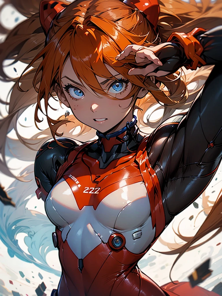 asuka langley soryu，blue eyes，hair between eyes，headware，interface headset，orange hair，battle costume，action pose，thick coating，album artwork，storytelling images